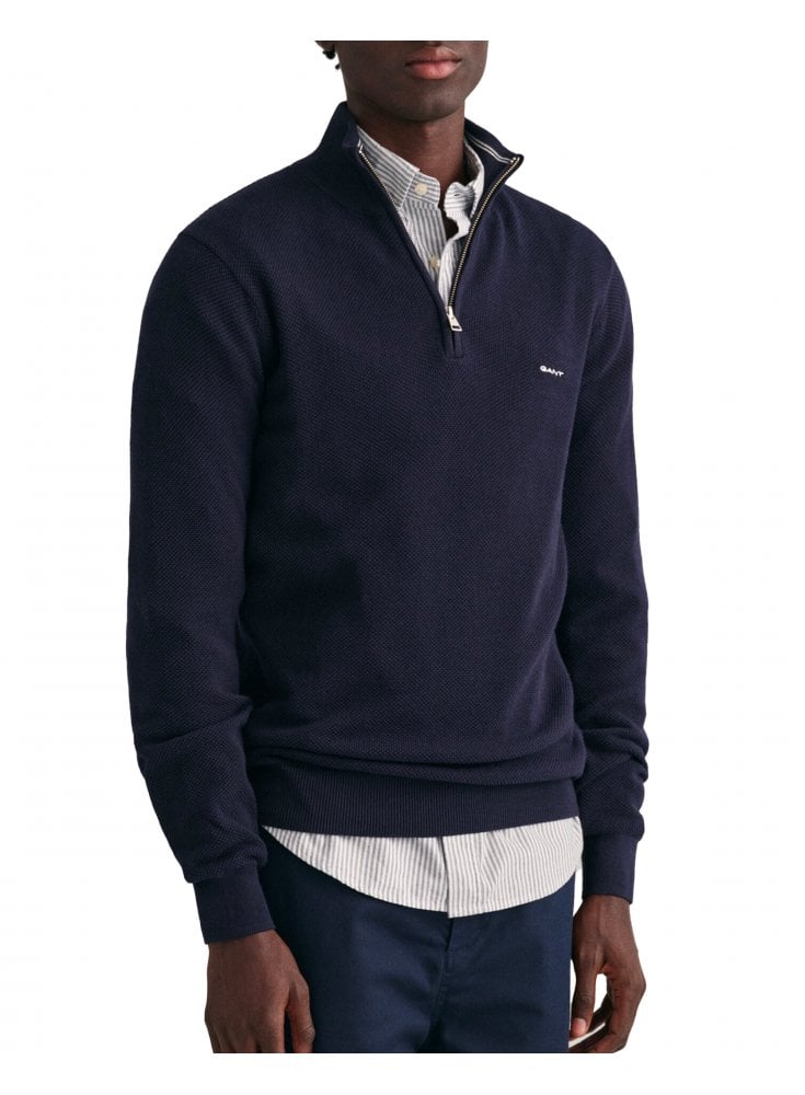 Gant Cotton Piquet Half Zip Evening Blue