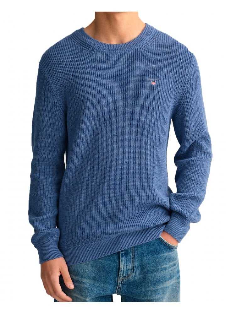 Gant Cotton Wool Crew Neck Rib Chunky Jumper Denim Blue Melange
