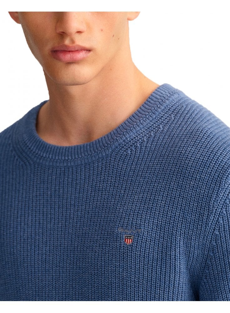 Gant Cotton Wool Crew Neck Rib Chunky Jumper Denim Blue Melange