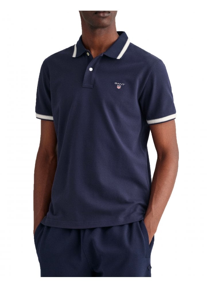 Gant Herringbone Tipping Pique Polo Shirt Evening Blue