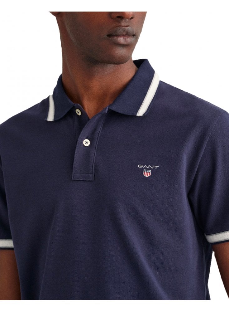 Gant Herringbone Tipping Pique Polo Shirt Evening Blue
