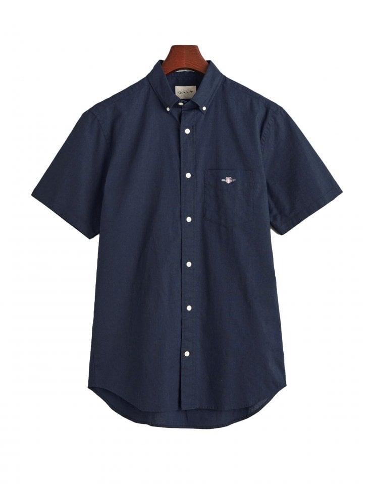 Gant Regular Cotton Linen Short Sleeve Shirt Evening Blue