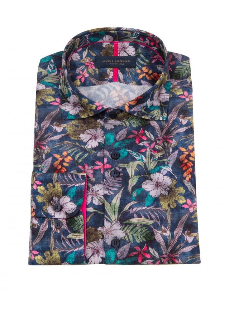 Guide London Long Sleeve Shirt Multi Colour Leaves Navy