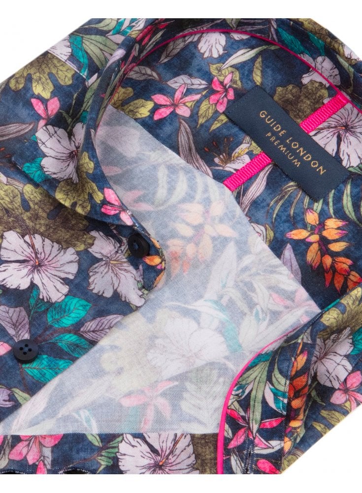 Guide London Long Sleeve Shirt Multi Colour Leaves Navy