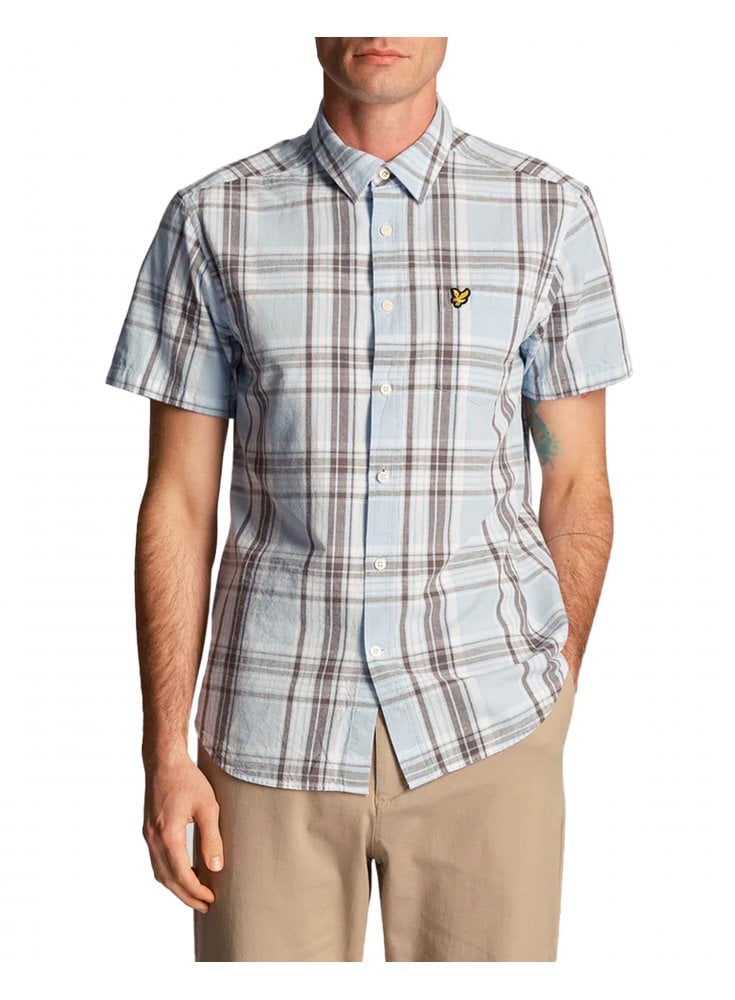Lyle & Scott Linen Check Short Sleeve Shirt Light Blue
