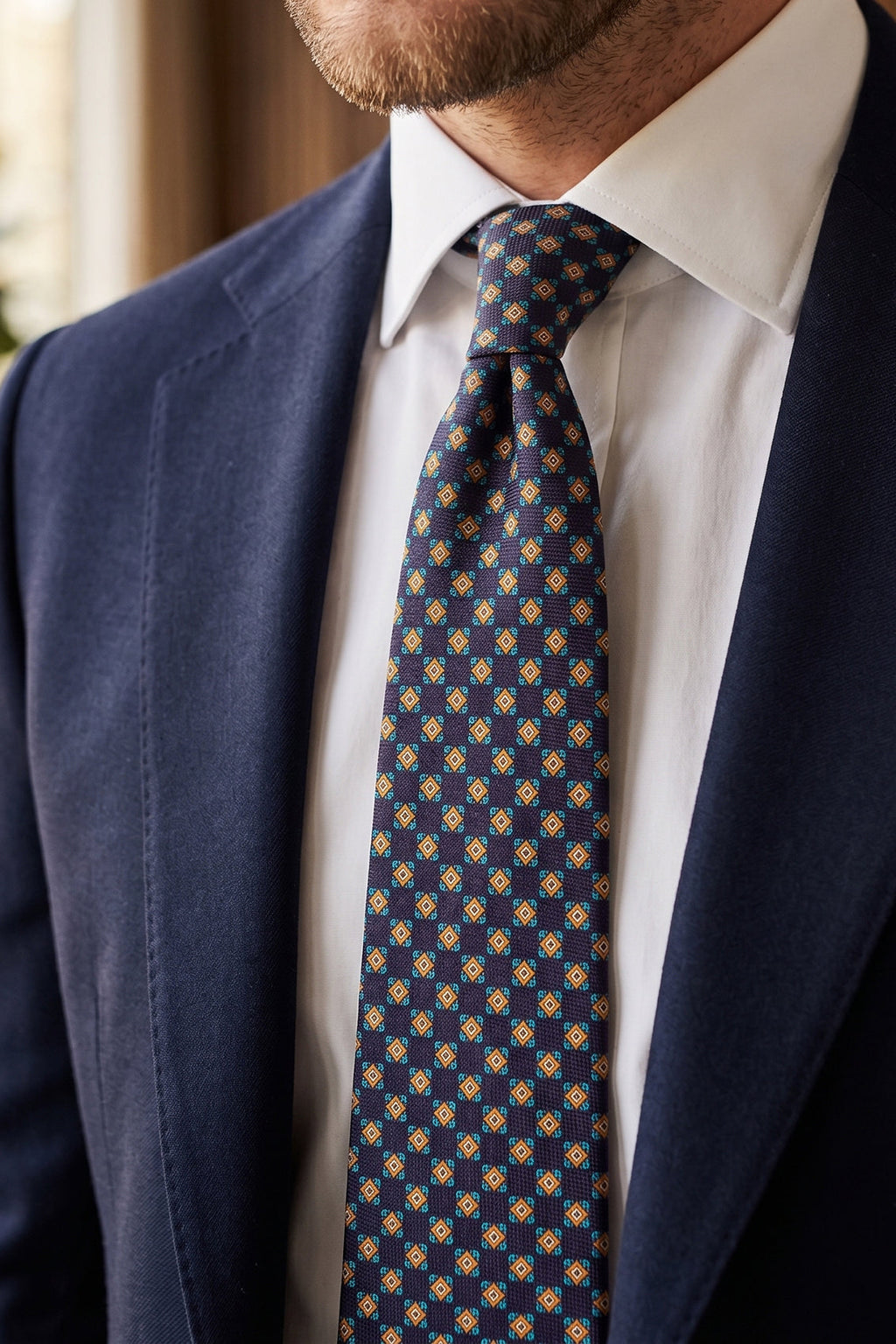 Navy Geometric Pattern Silk Tie