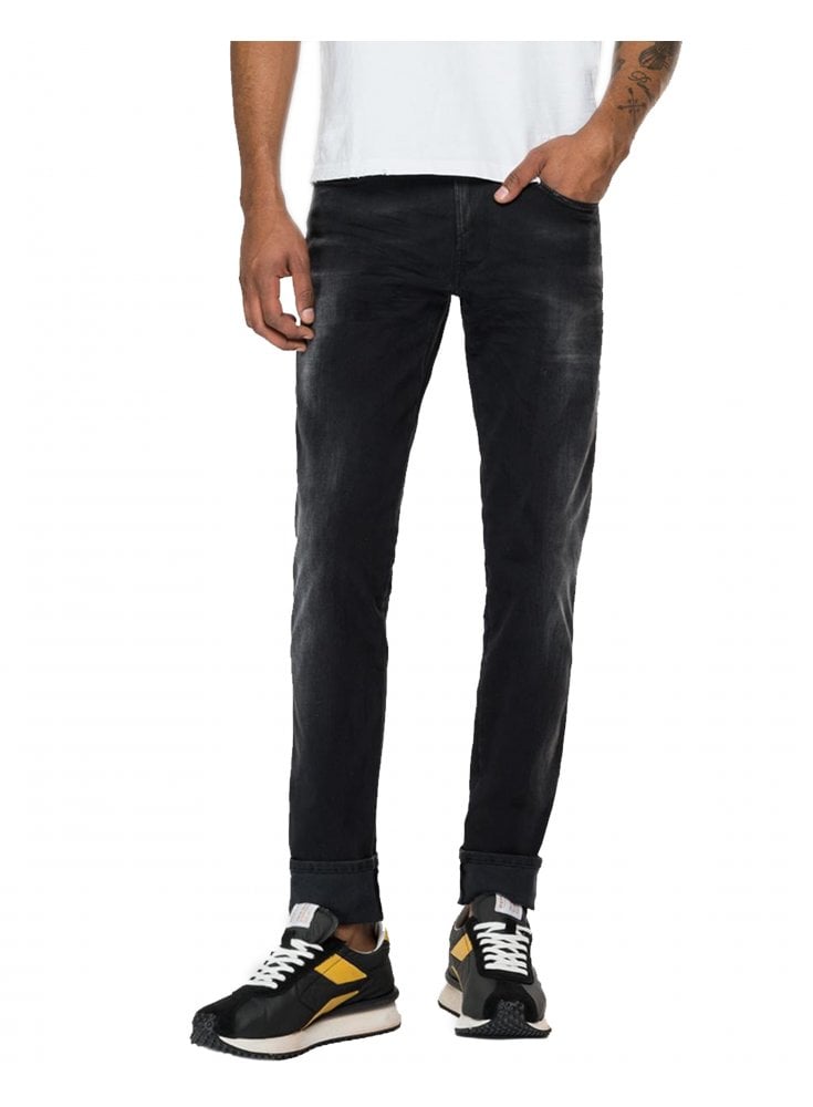 Replay Mens Hyperflex Anbass White Shades Black Denim Slim Jean Black