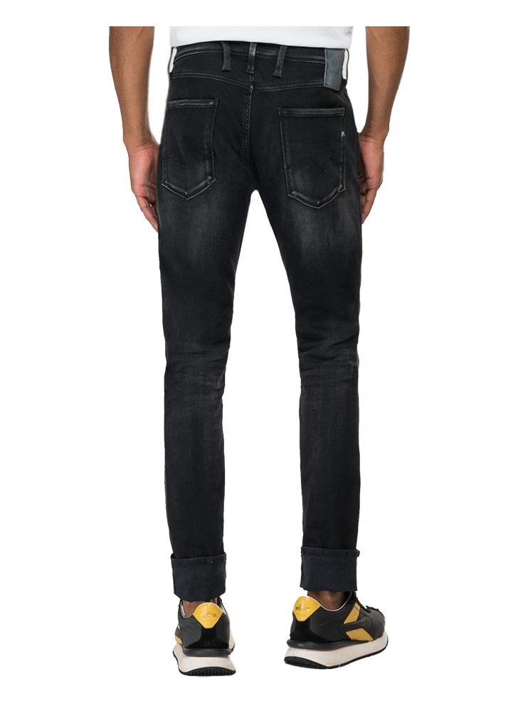 Replay Mens Hyperflex Anbass White Shades Black Denim Slim Jean Black