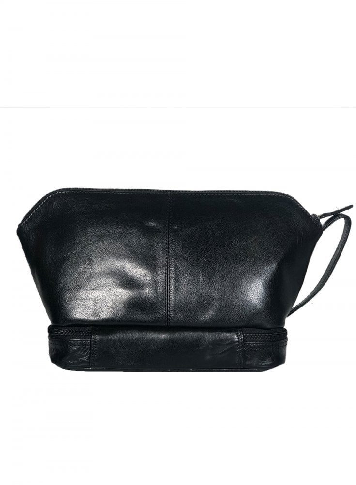 Rowallan Mens Leather Wash Bag Zipped Base Black