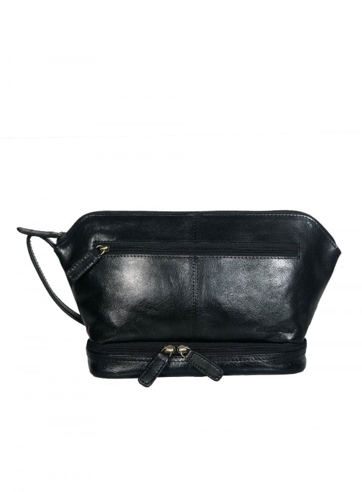 Rowallan Mens Leather Wash Bag Zipped Base Black