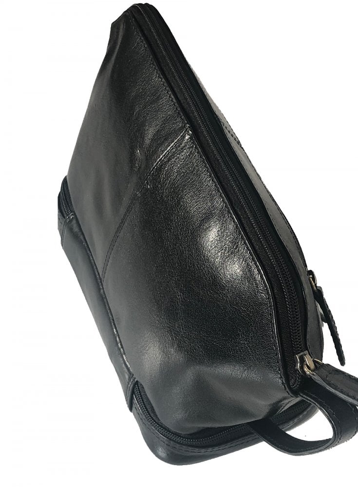 Rowallan Mens Leather Wash Bag Zipped Base Black
