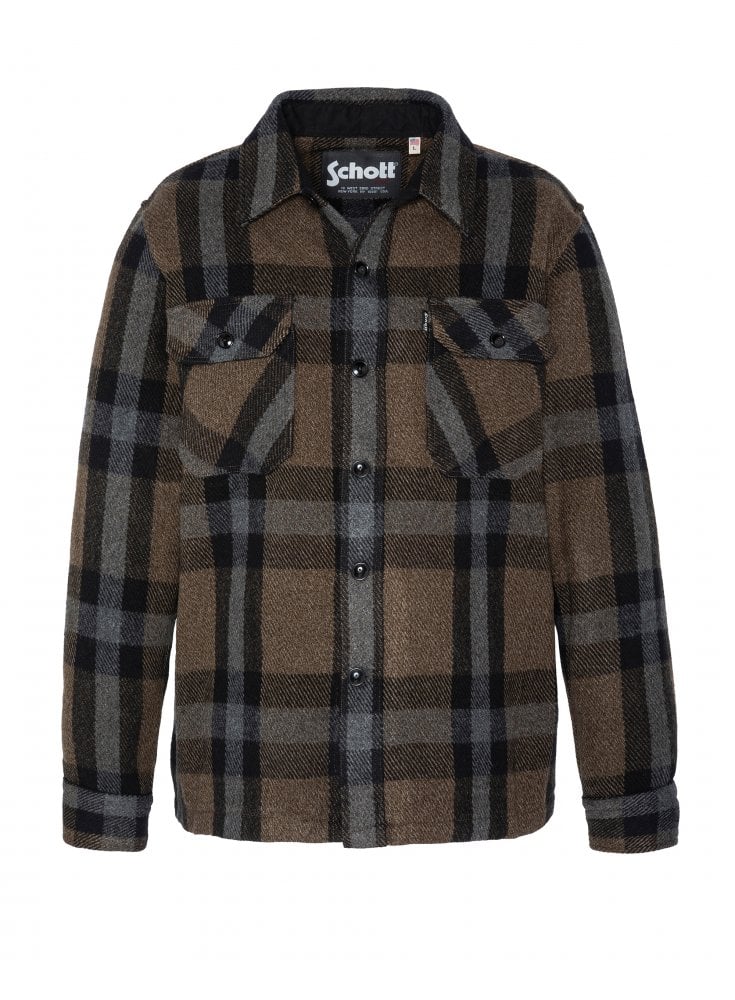 Schott Wool Blend Flannel Check Overshirt Khaki