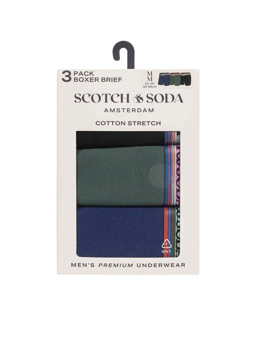 Scotch & Soda Solid Cotton Stretch 3 Pack Boxer Brief Black/green/blue